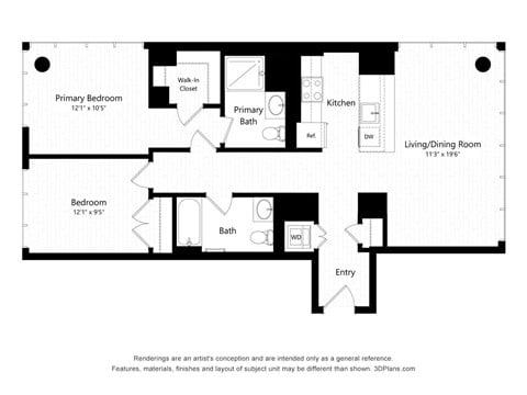 Floor plan for 2 beds, 2 baths, 968 sqft